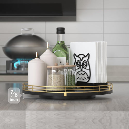 12-Inch Oak Lazy Susan Spice Organizer with Gold Metal Rail