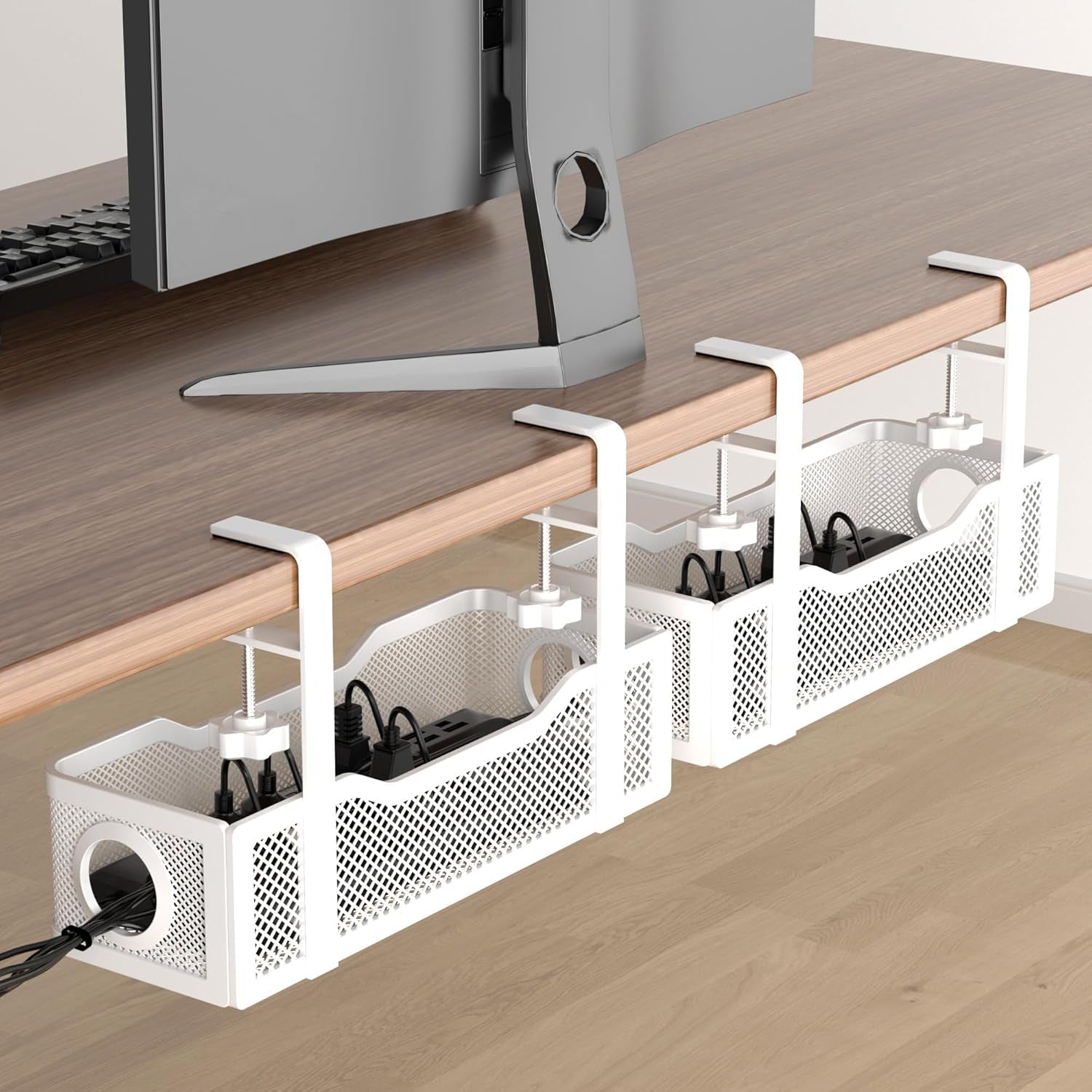 2 Pack under Desk Cable Management Box White,  26.8" Wire Organizers No Drill, Cord Organization Tray with Clamp for Office, Home - No Damage to Desk