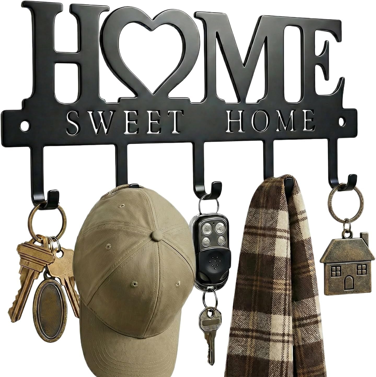 Entryway Key Holder Wall Mount with 5 Hooks, 13" Metal “Sweet Home” Key Rack Organizer for Wall, Decorative Key Hanger for Entryway, Hallway & Mudroom, Housewarming Gift, Black