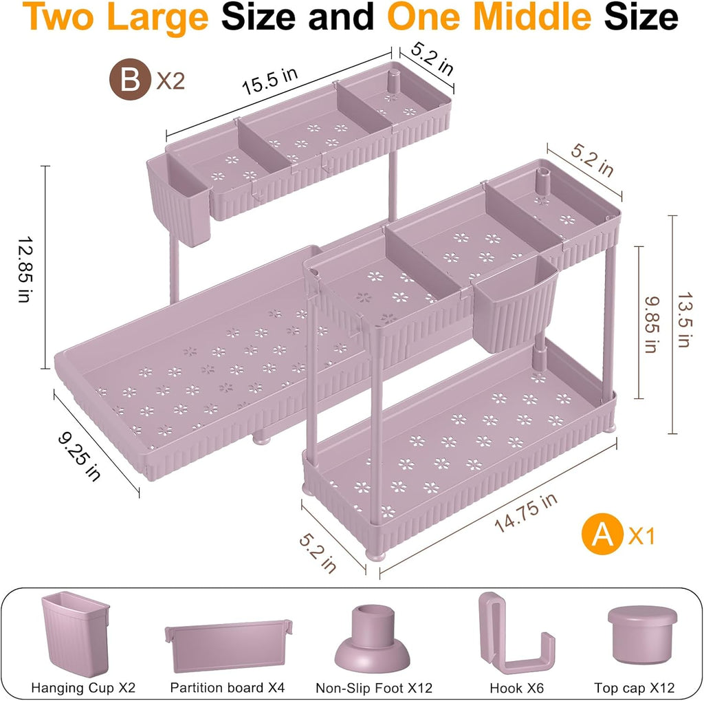 3-Pack 2-Tier L-Shaped under Sink Organizers with Sliding Drawers