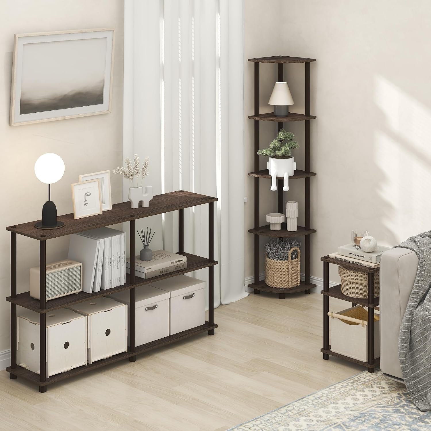 Turn-N-Tube Corner Shelf, 5-Tier Corner Bookshelf, Open Storage Shelves, for Organization and Storage, Living Room, Home Office, Garage, Bedroom, Black Walnut