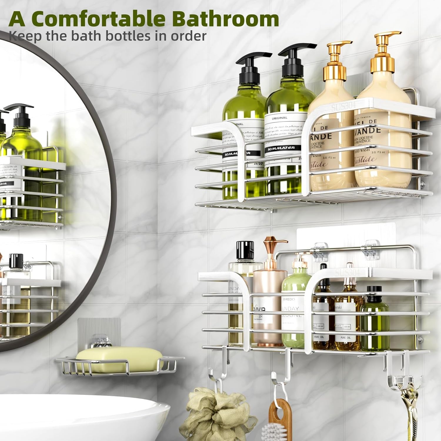 Shower Caddy, Shower Organizer with Soap Holder and Hooks, Rustproof Shower Shelves, No Drilling Bathroom Organizers and Storage, Wall-Mounted Kitchen & Home Decor (Silver)