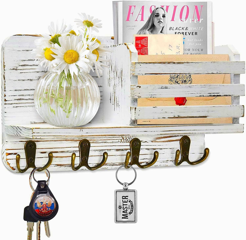 Key Holder for Wall Decorative, Mail Organizer Wall Mount, Mail Holder Wall Mount, Wall Hooks for Hanging, Key Rack Key Hooks for Wall, Key and Mail Holder for Wall (White)
