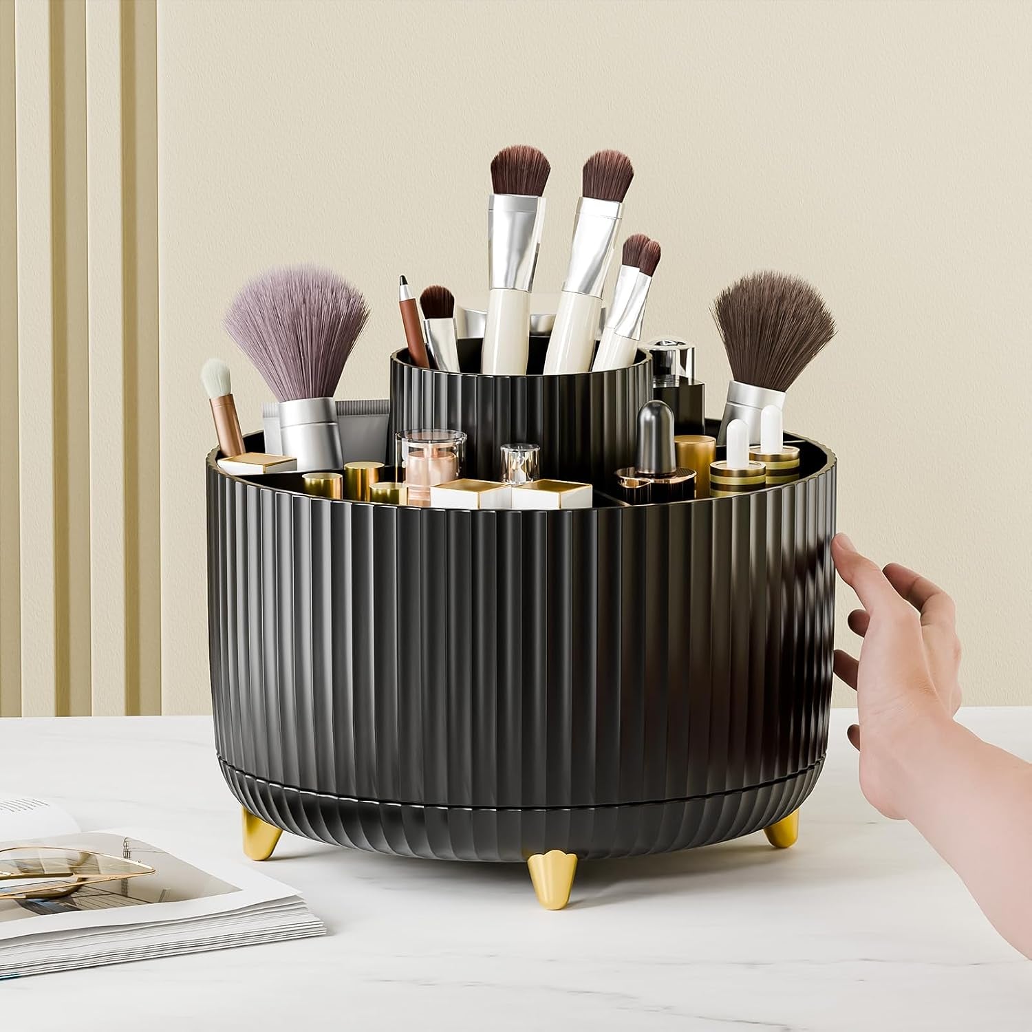 360° Rotate Makeup Brush Holder Organizer, Makeup Organizers Countertop, Makeup Organization and Skincare Storage with Gift Box Packing for Vanity, Desktop, Bathroom (Black)
