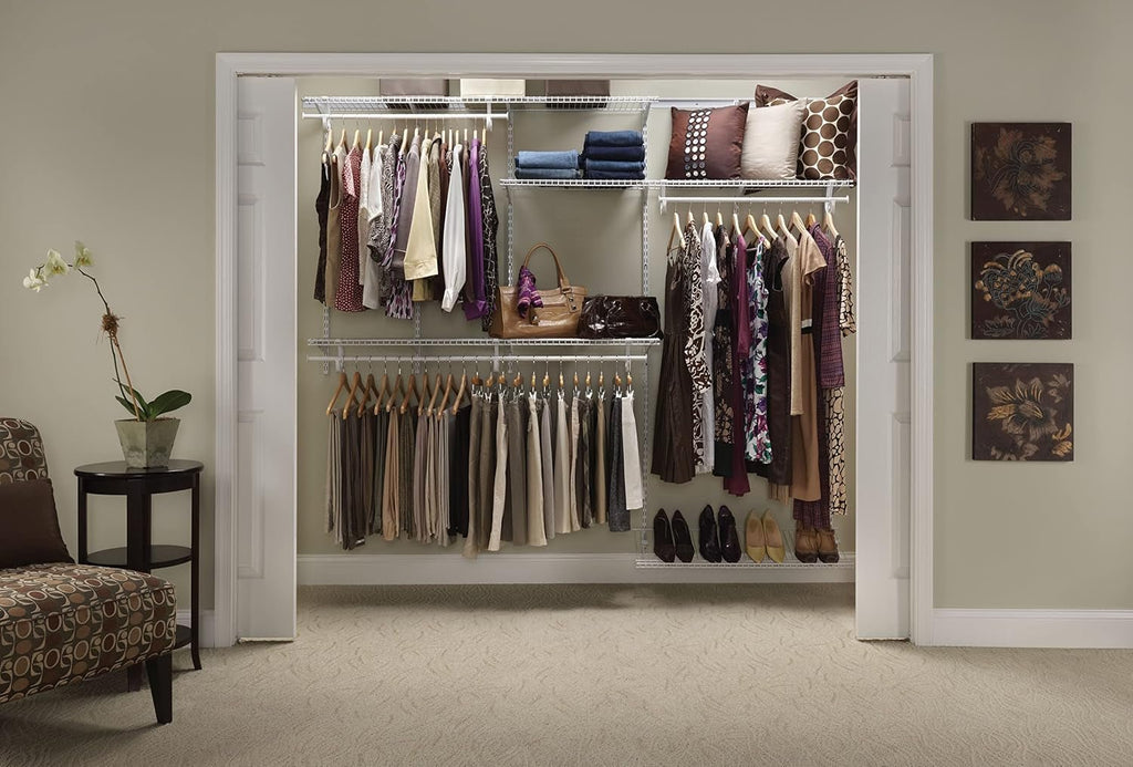 Closetmaid Shelftrack Wire Closet Organizer System, Adjustable from 5 to 8 Ft., with Shelves, Clothes Rods, Shoe Shelf, Hardware, Durable Steel, White