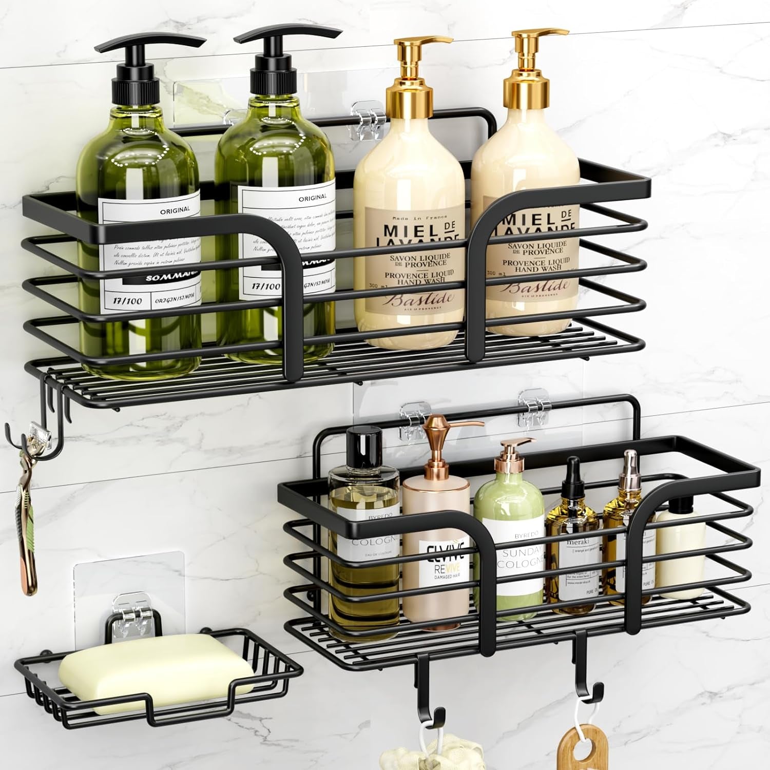 Shower Organizer with Soap Holder and Hooks for Bathroom (Black)