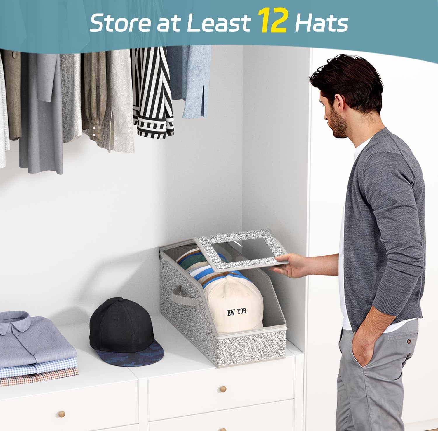 Stackable Hat Storage for Baseball Caps, Holds up to 12 Caps Hat Organizer for Closet, Sturdy Hat Boxes for Men with Cardboard, Grey