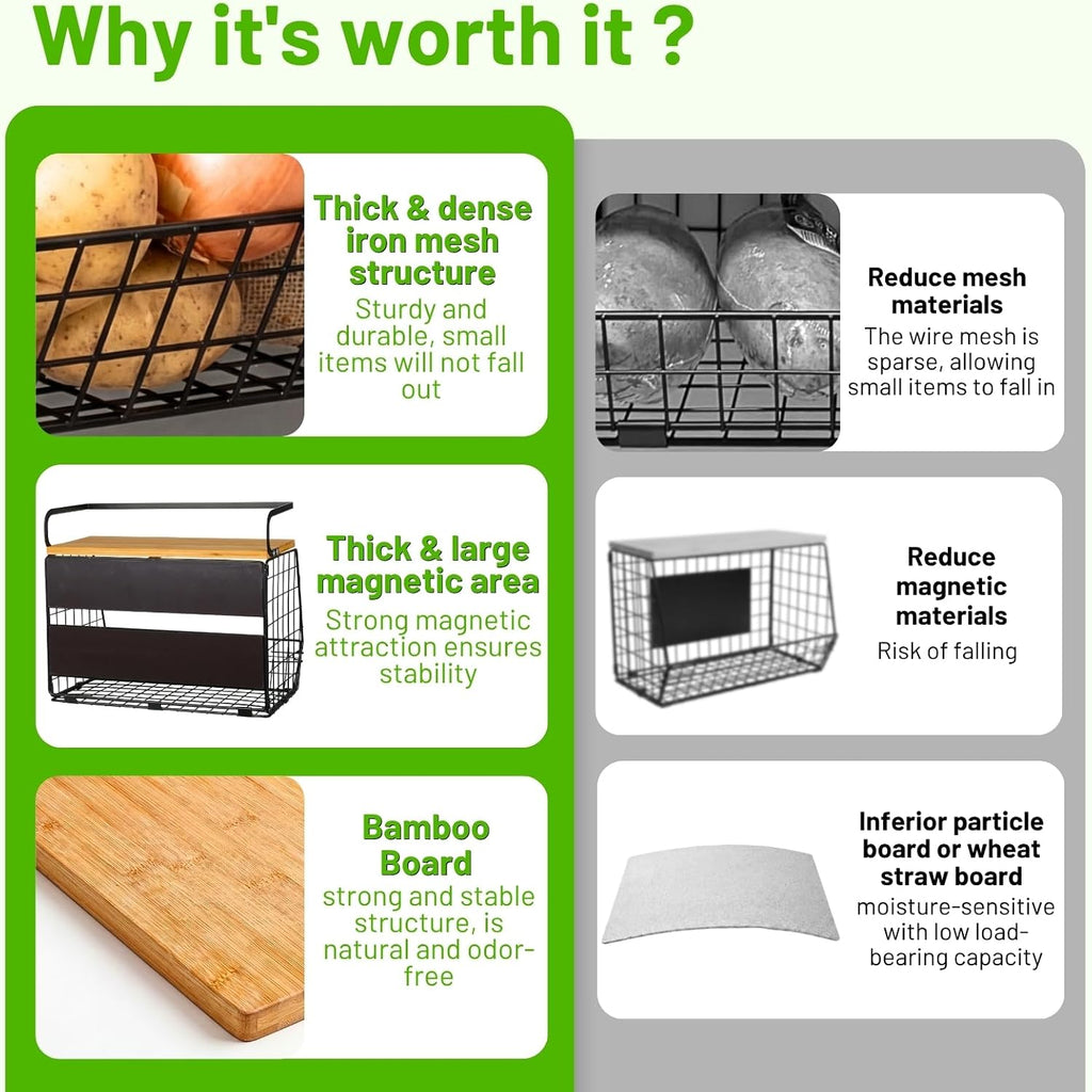 2 Set Magnetic Shelf for Refrigerator with Wood Lid, Fruit Potato & Onion Storage Bins, Pantry Organizers & Storage, Large Container Magnetic Spice Rack for Refrigerator, Kitchen Counter, Cabinet