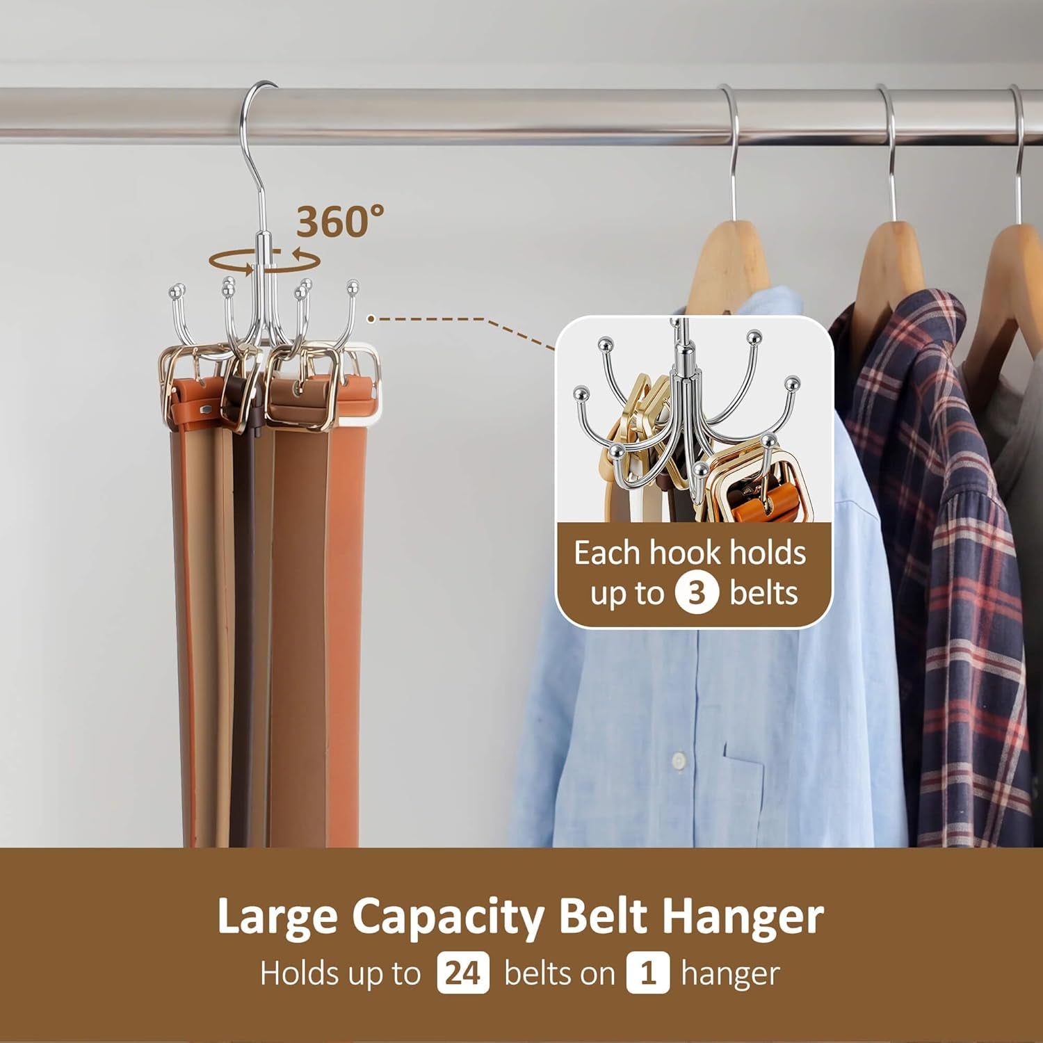 Belt Hanger for Closet, Rotating Belt Organizer, Holds 24 Belts