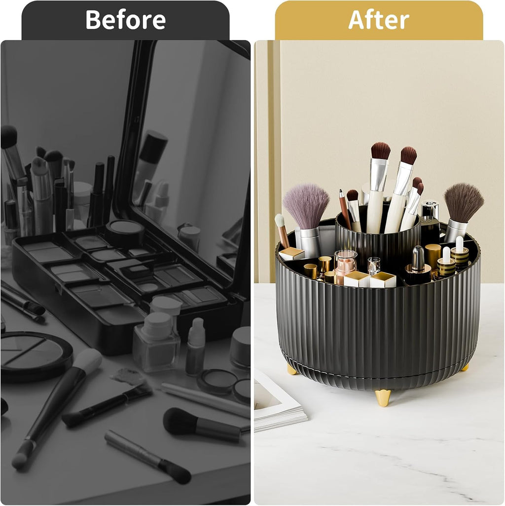 360° Rotate Makeup Brush Holder Organizer, Makeup Organizers Countertop, Makeup Organization and Skincare Storage with Gift Box Packing for Vanity, Desktop, Bathroom (Black)